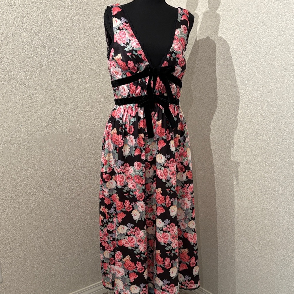 For Love & Lemons Black Floral Midi Dress with Pink and White Roses